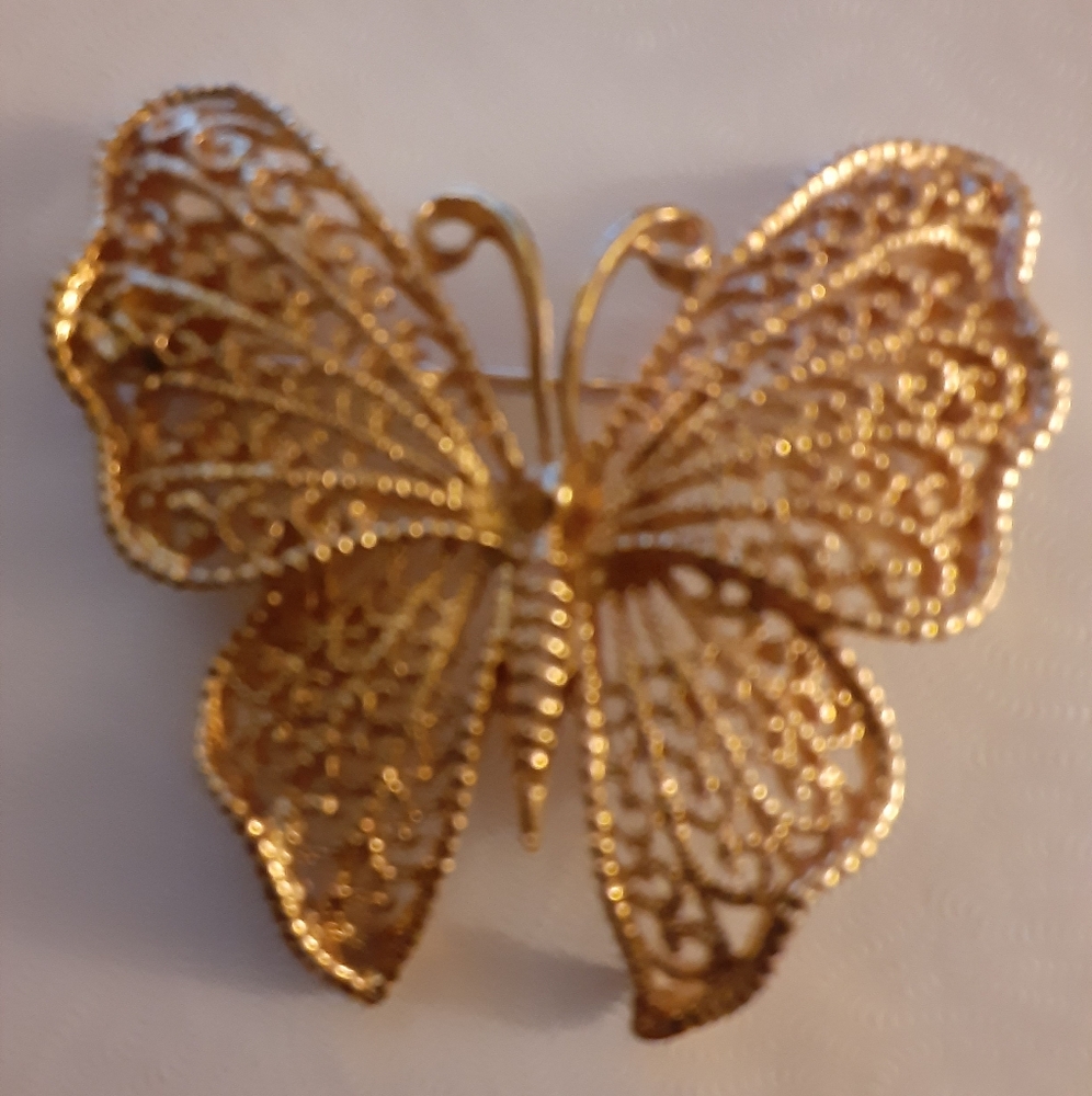 Napier Goldtone Open Filegree Butterfly Brooch